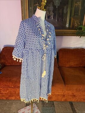Blue & White Geometric Tassel Kaftan dress vacation beach outfit women’s